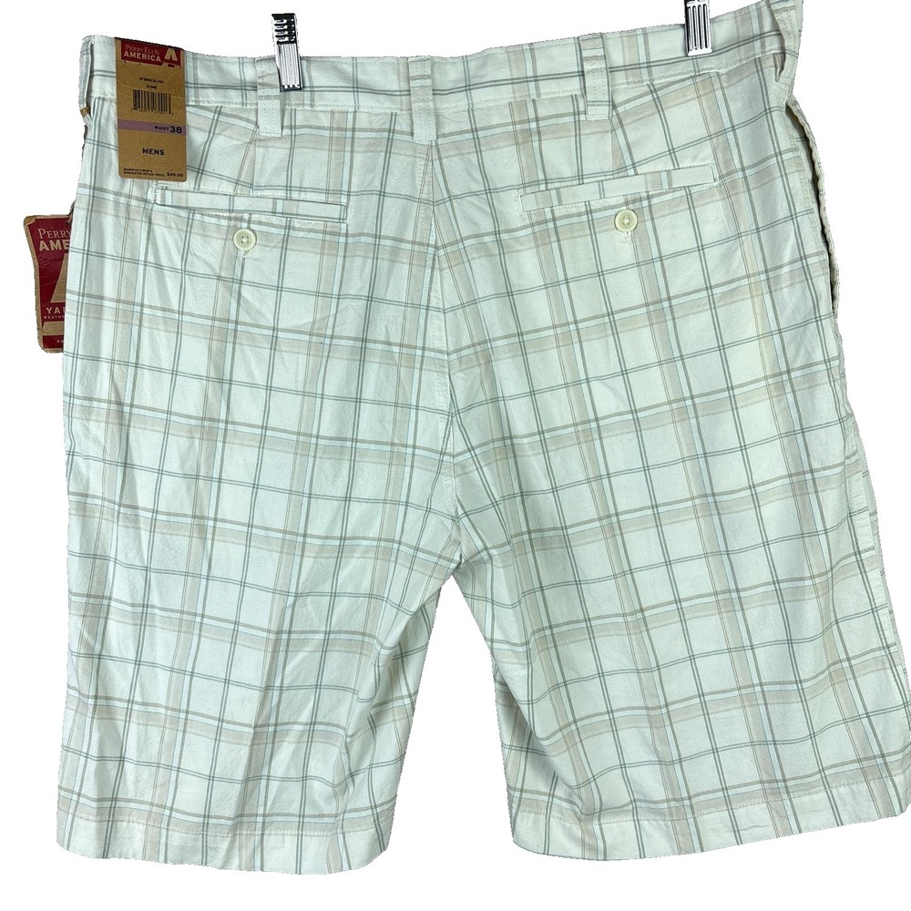 Perry Ellis Plaid Chino Shorts Mens 38 White Cotton Golf NWT